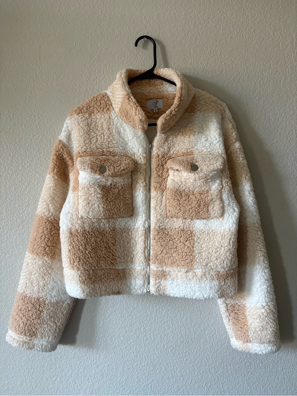 Cozy Check Teddy Jacket - Cream & Tan